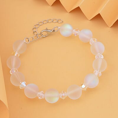 White Aurora Borealis Glass and White Glass Beaded Bracelet in Rhodium Over Sterling Silver (7.5-8.5In)