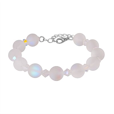 White Aurora Borealis Glass and White Glass Beaded Bracelet in Rhodium Over Sterling Silver (7.5-8.5In)
