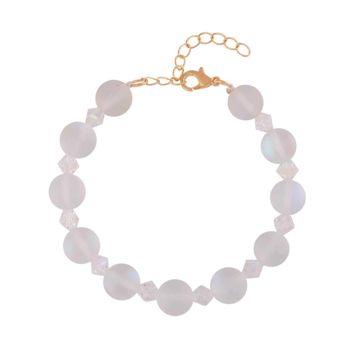 White Aurora Borealis Glass and White Glass Beaded Bracelet in 14K YG Over Sterling Silver (7.5-8.5In) image number 0