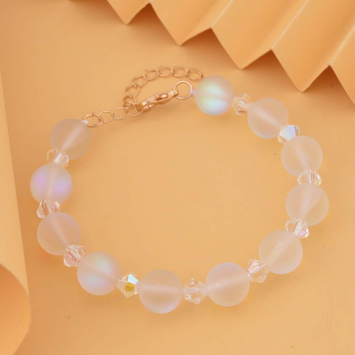 White Aurora Borealis Glass and White Glass Beaded Bracelet in 14K YG Over Sterling Silver (7.5-8.5In) image number 1