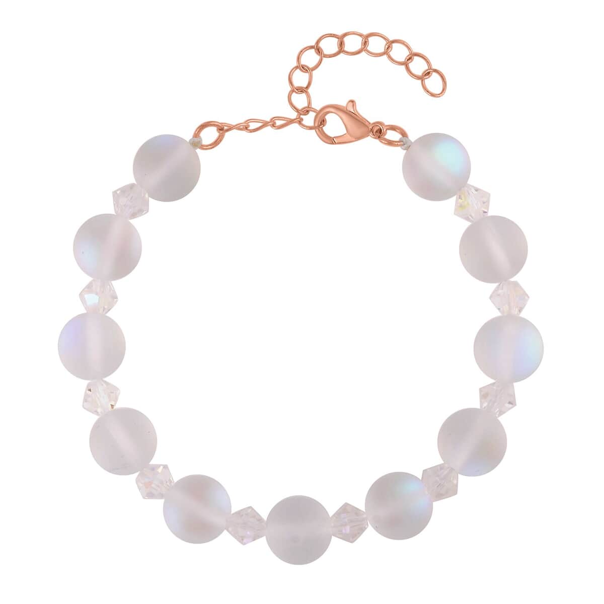 White Aurora Borealis Glass and White Glass Beaded Bracelet in 14K RG Over Sterling Silver (7.5-8.5In) image number 0