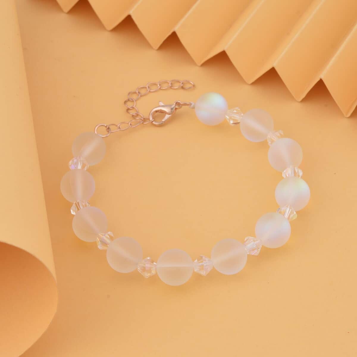 White Aurora Borealis Glass and White Glass Beaded Bracelet in 14K RG Over Sterling Silver (7.5-8.5In) image number 1