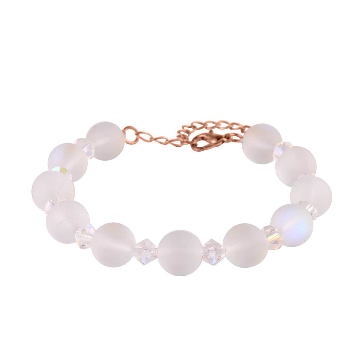 White Aurora Borealis Glass and White Glass Beaded Bracelet in 14K RG Over Sterling Silver (7.5-8.5In) image number 2