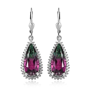Watermelon Quartz (Triplet) and White Zircon Lever Back Earrings in Platinum Over Sterling Silver 12.00 ctw