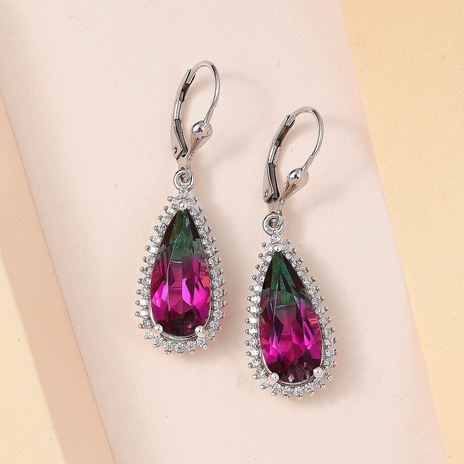 Watermelon Quartz (Triplet) and White Zircon Lever Back Earrings in Platinum Over Sterling Silver 12.00 ctw