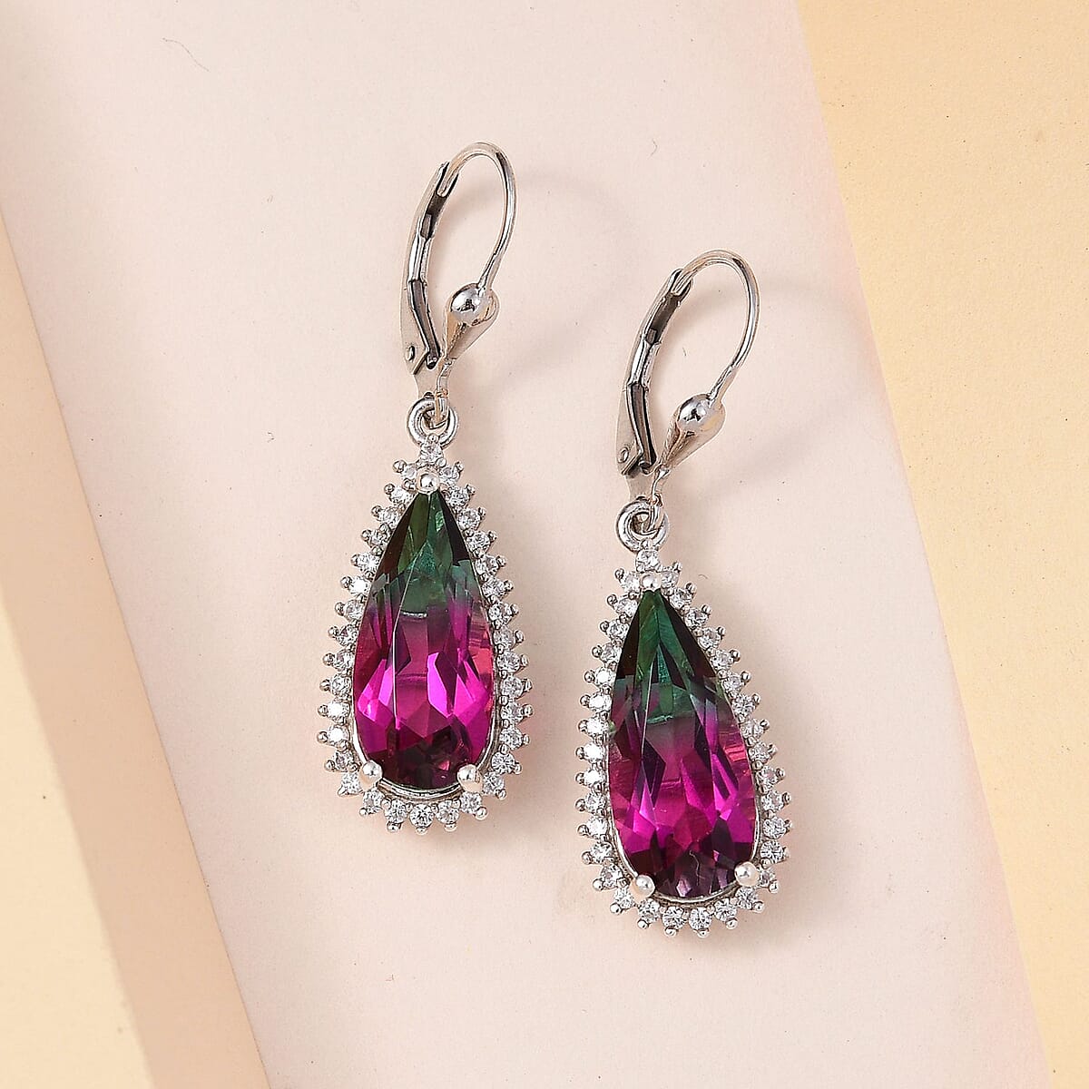 Watermelon Quartz (Triplet) and White Zircon Lever Back Earrings in Platinum Over Sterling Silver 12.00 ctw image number 1
