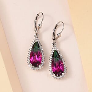 Watermelon Quartz (Triplet) and White Zircon Lever Back Earrings in Platinum Over Sterling Silver 12.00 ctw