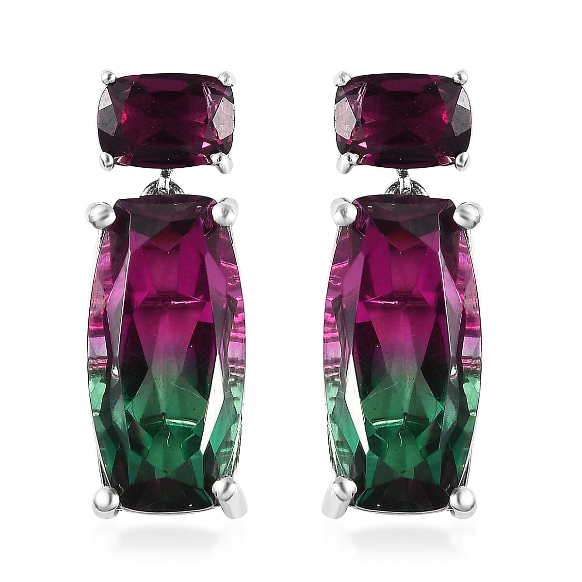 Watermelon Quartz (Triplet) and Orissa Rhodolite Garnet Dangle Earrings in Platinum Over Sterling Silver 14.25 ctw image number 0