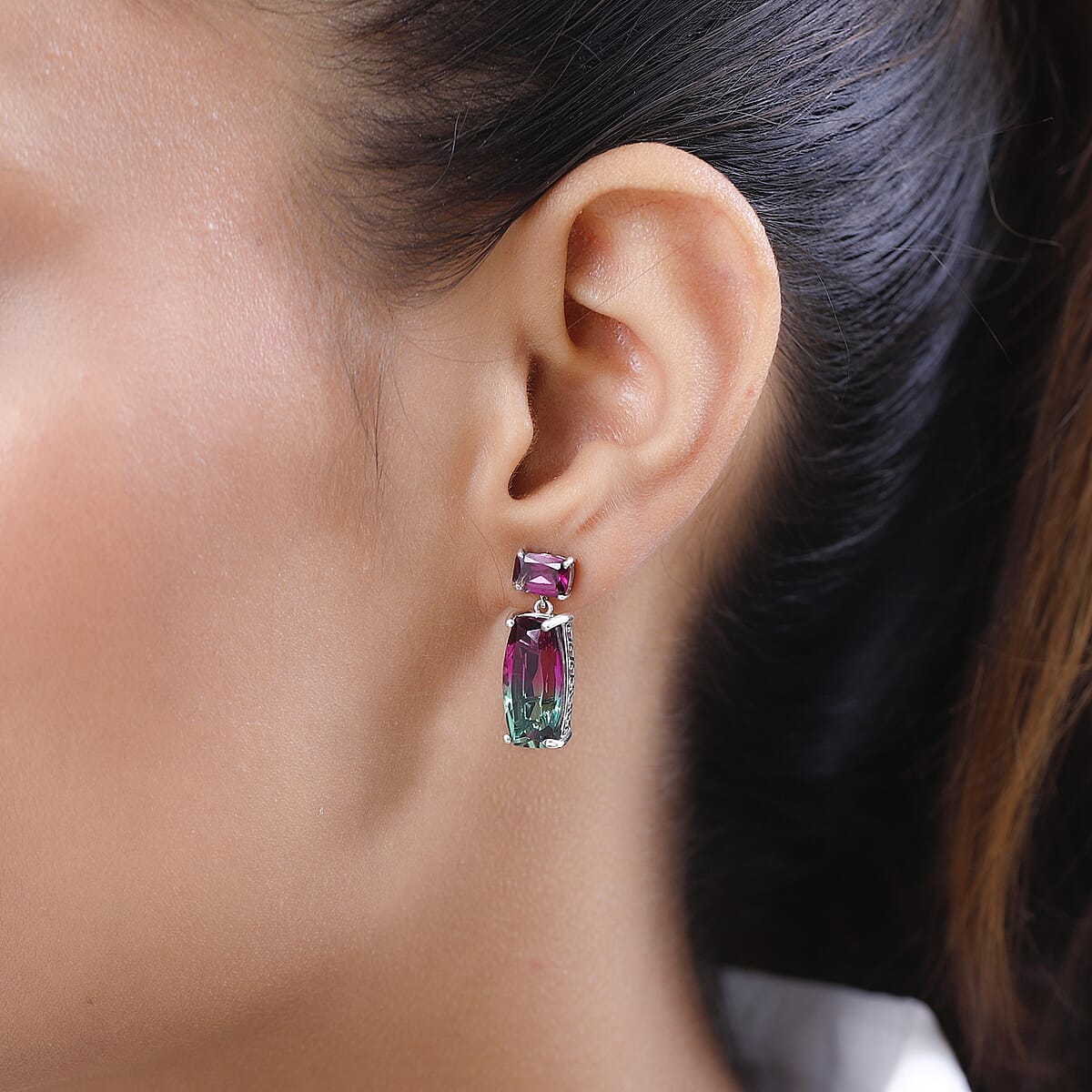 Watermelon Quartz (Triplet) and Orissa Rhodolite Garnet Dangle Earrings in Platinum Over Sterling Silver 14.25 ctw image number 2