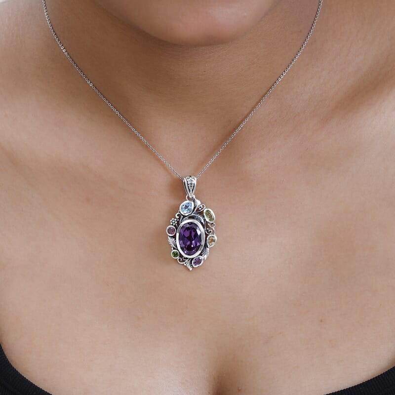 Artisan Crafted Lab Grown Color Change Sapphire and Multi Gemstone Pendant in Sterling Silver 10.10 ctw