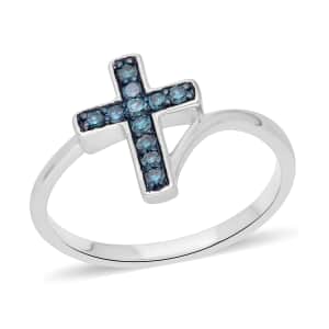 Venice Blue Diamond (I1-I2) Cross Ring in Platinum Over Sterling Silver (Size 10.0) 0.20 ctw