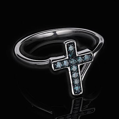 Venice Blue Diamond I1-I2 Cross Ring in Platinum Over Sterling Silver (Size 7.0) 0.20 ctw