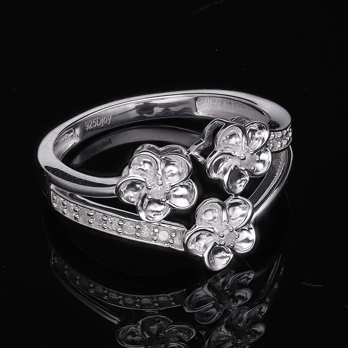 Diamond Floral Ring in Platinum Over Sterling Silver (Size 7.0) 0.15 ctw image number 1