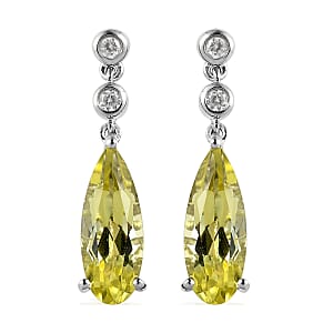 Ouro Verde Quartz and White Zircon Dangling Earrings in Platinum Over Sterling Silver 6.00 ctw