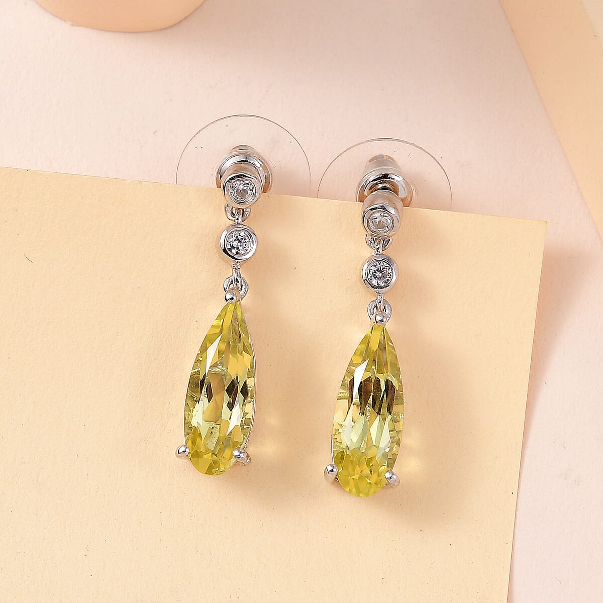 Ouro Verde Quartz and White Zircon Dangling Earrings in Platinum Over Sterling Silver 6.00 ctw image number 1