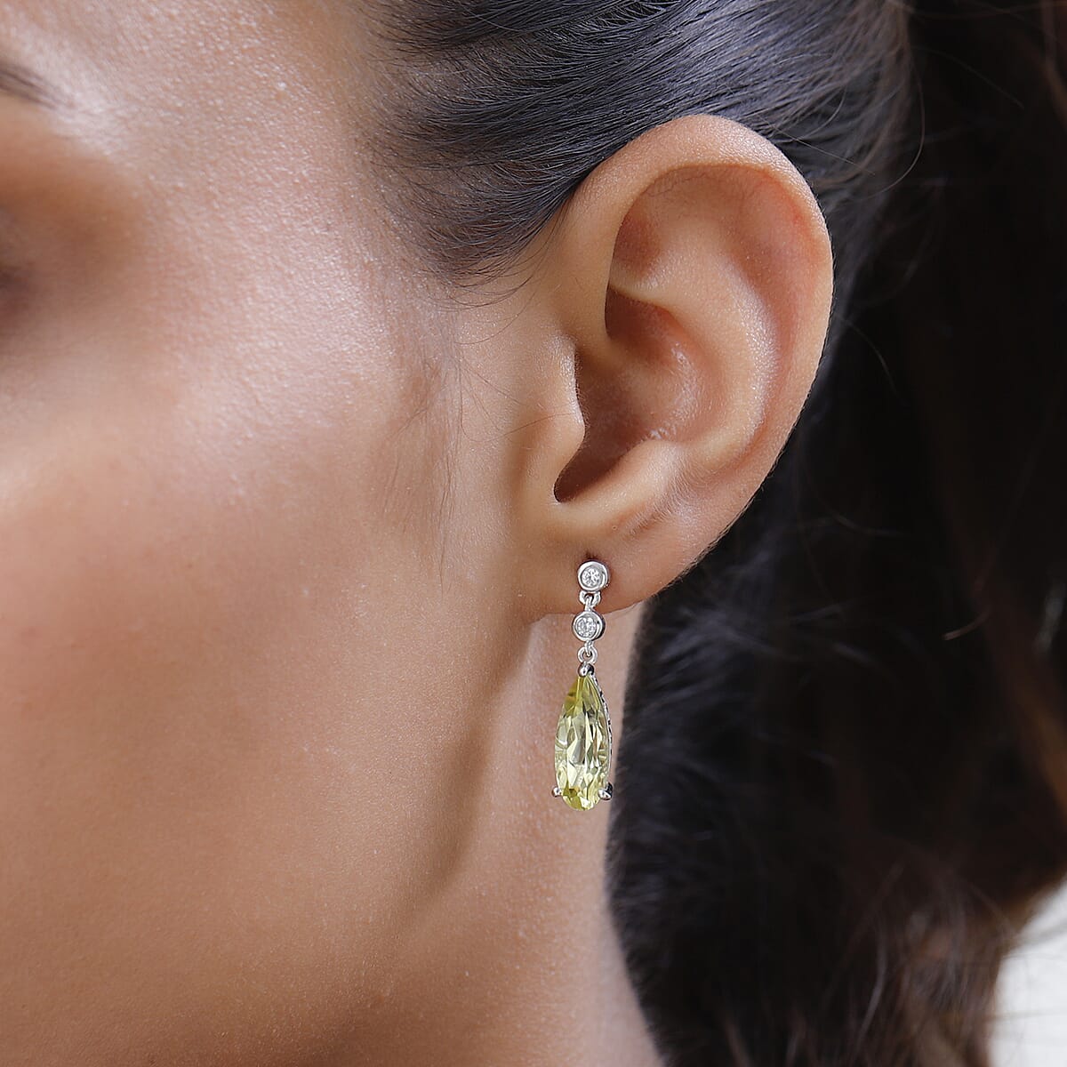Ouro Verde Quartz and White Zircon Dangling Earrings in Platinum Over Sterling Silver 6.00 ctw image number 2
