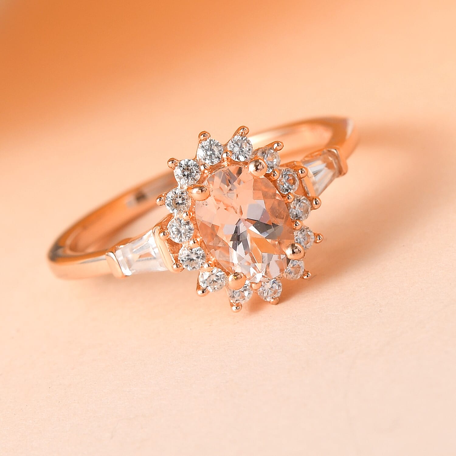 Premium Marropino Morganite and White Zircon Sunburst Ring in Vermeil Rose Gold Over Sterling Silver (Size 10.0) 1.15 ctw