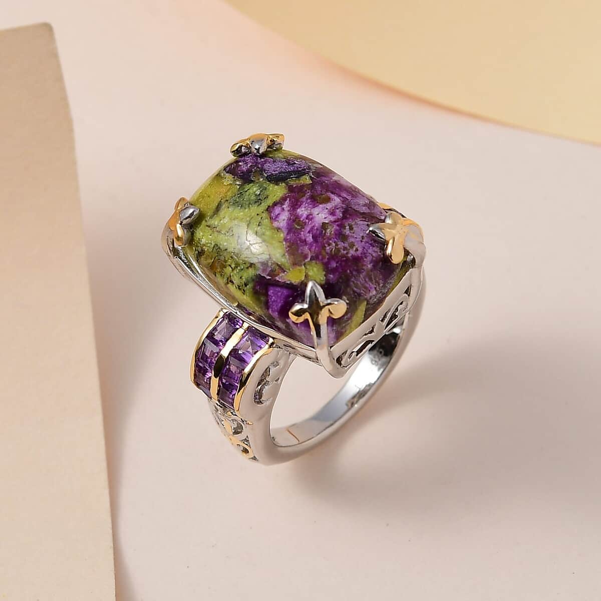 One Time Only Tasmanian Stichtite, Amethyst Ring in Platinum Over Sterling Silver (Size 5.0) 12.10 ctw image number 1