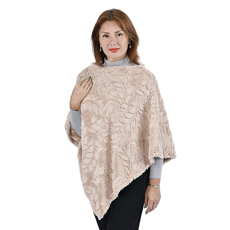Passage Beige Leaf Pattern Faux Fur Poncho - One Size Fits Most