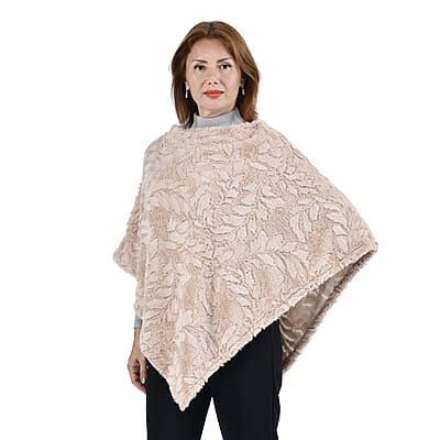 Passage Beige Leaf Pattern Faux Fur Poncho - One Size Fits Most