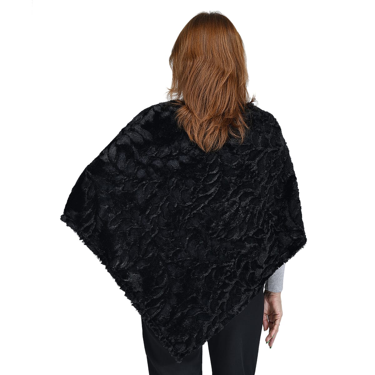 Passage Black Leaf Pattern Faux Fur Poncho - One Size Fits Most image number 1