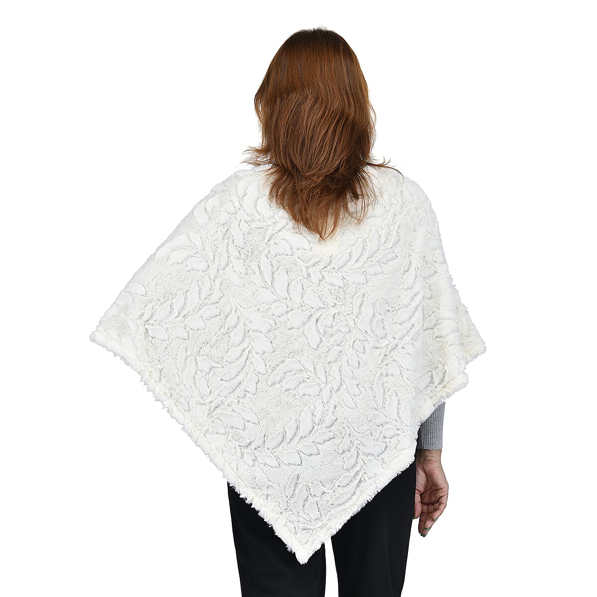 Passage White Leaf Pattern Faux Fur Poncho - One Size Fits Most image number 1
