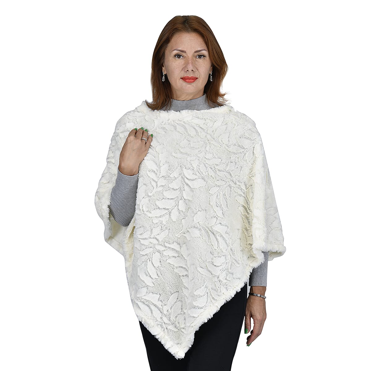 Passage White Leaf Pattern Faux Fur Poncho - One Size Fits Most image number 2