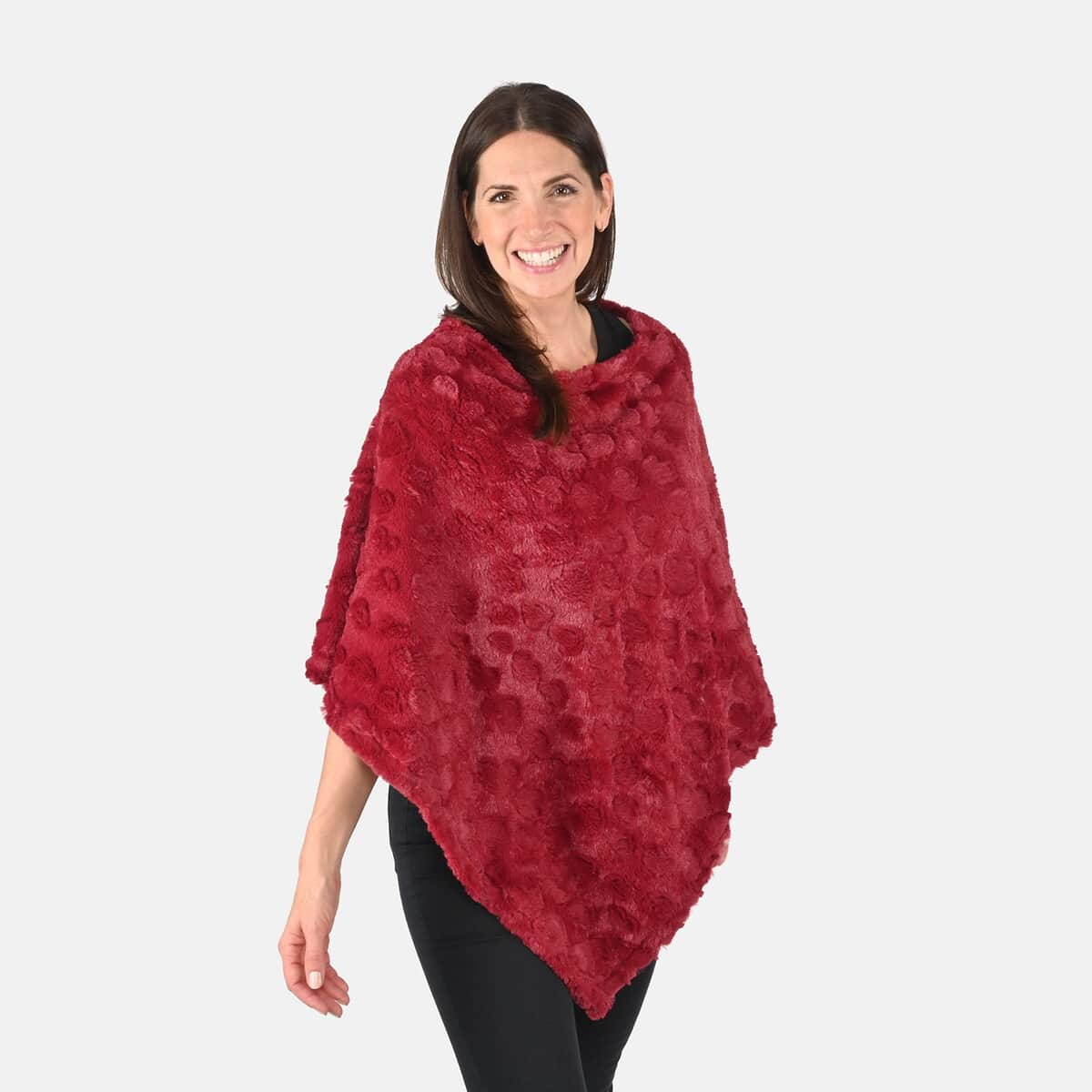 Passage Burgundy Leaf Pattern Faux Fur Poncho - One Size Fits Most image number 3