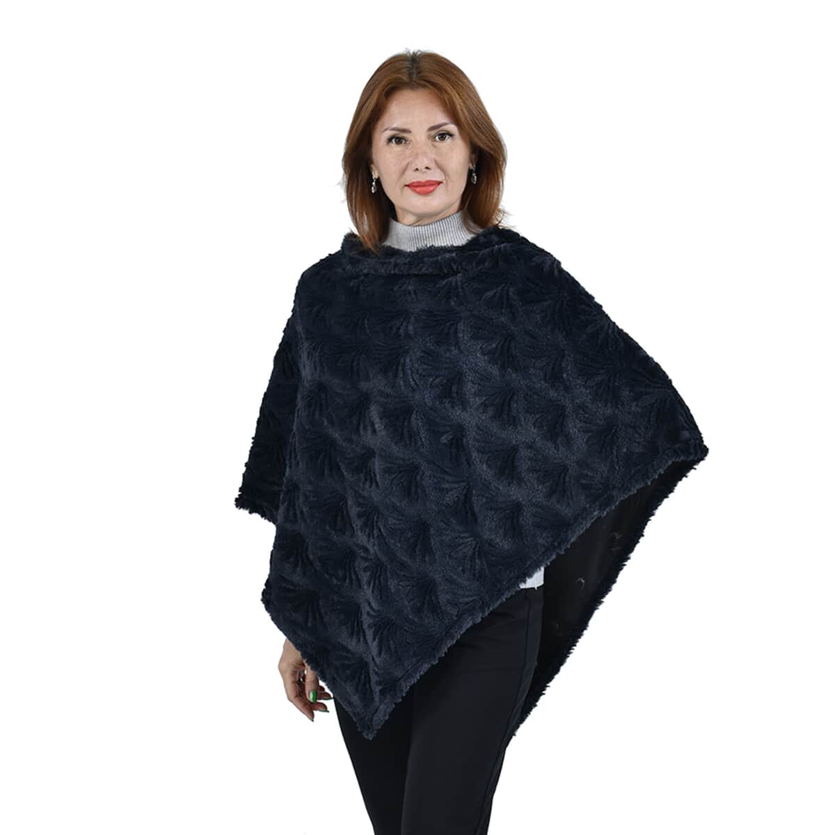 Passage Navy Floral Pattern Faux Fur Poncho image number 0
