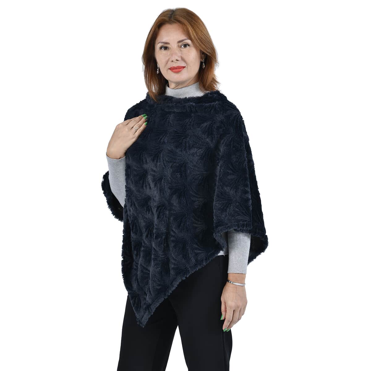 Passage Navy Floral Pattern Faux Fur Poncho image number 2