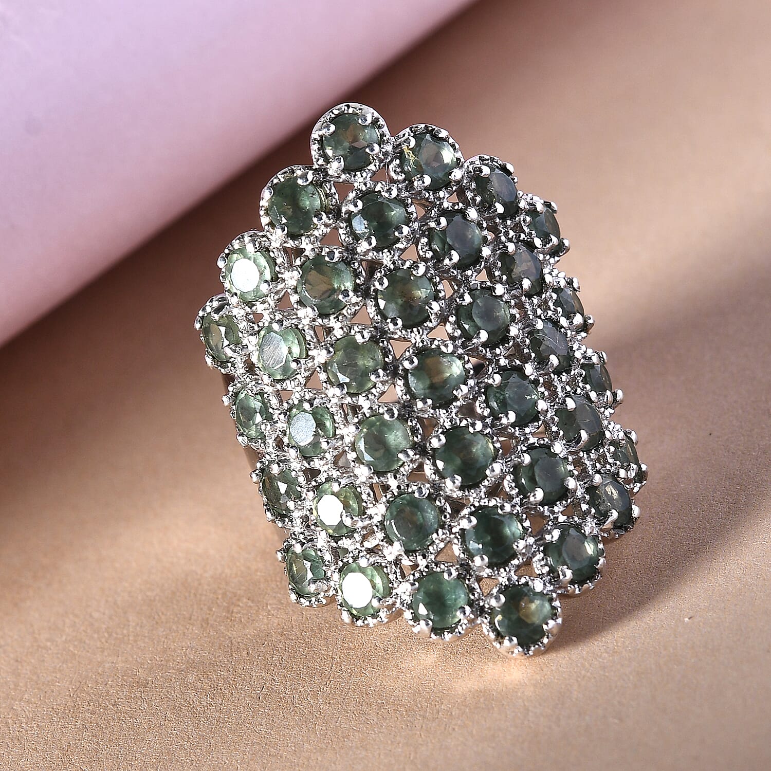 Natural Green Apatite Cluster Ring in Platinum Over Sterling Silver (Size 6.0) 8.50 Grams 4.90 ctw