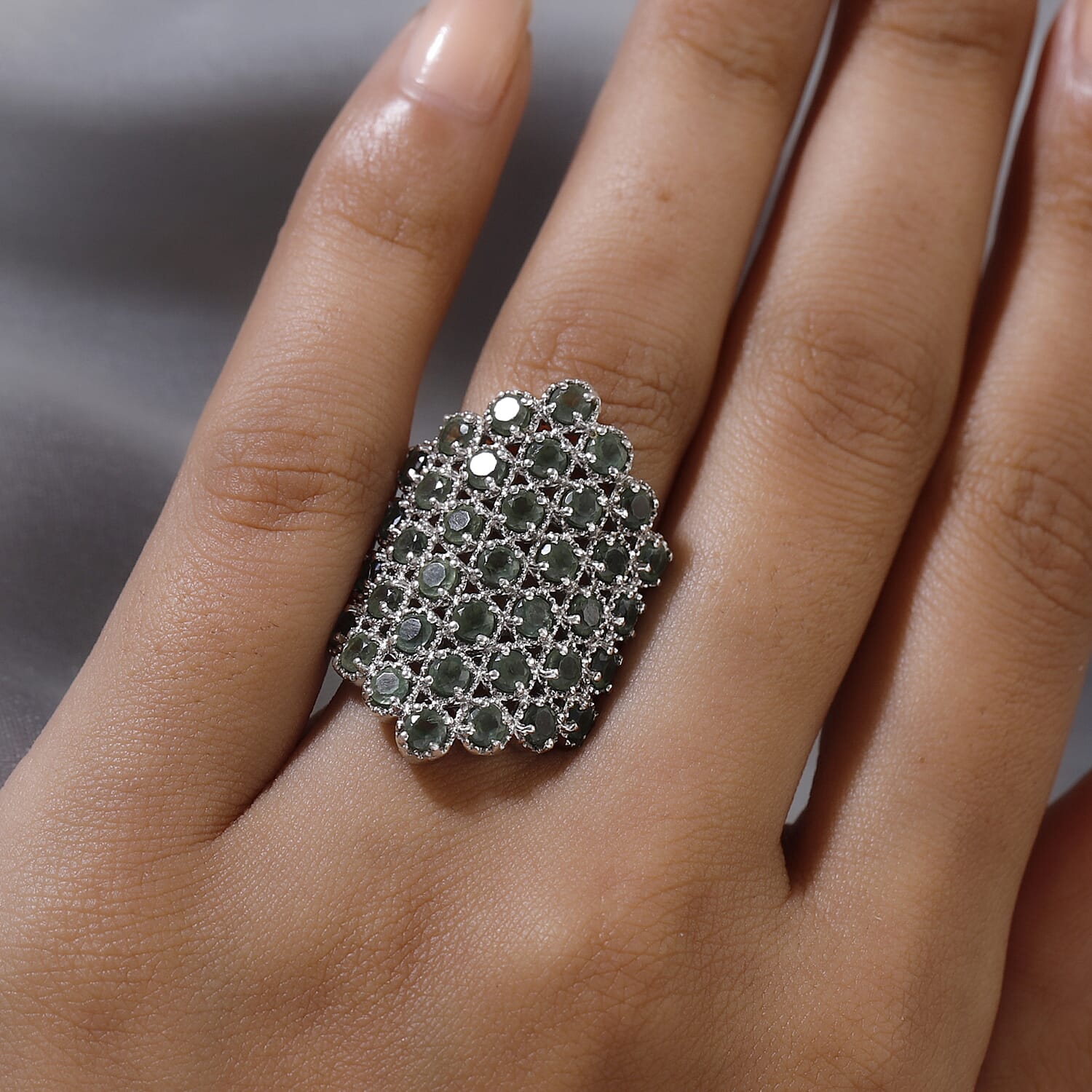 Natural Green Apatite Cluster Ring in Platinum Over Sterling Silver (Size 6.0) 8.50 Grams 4.90 ctw