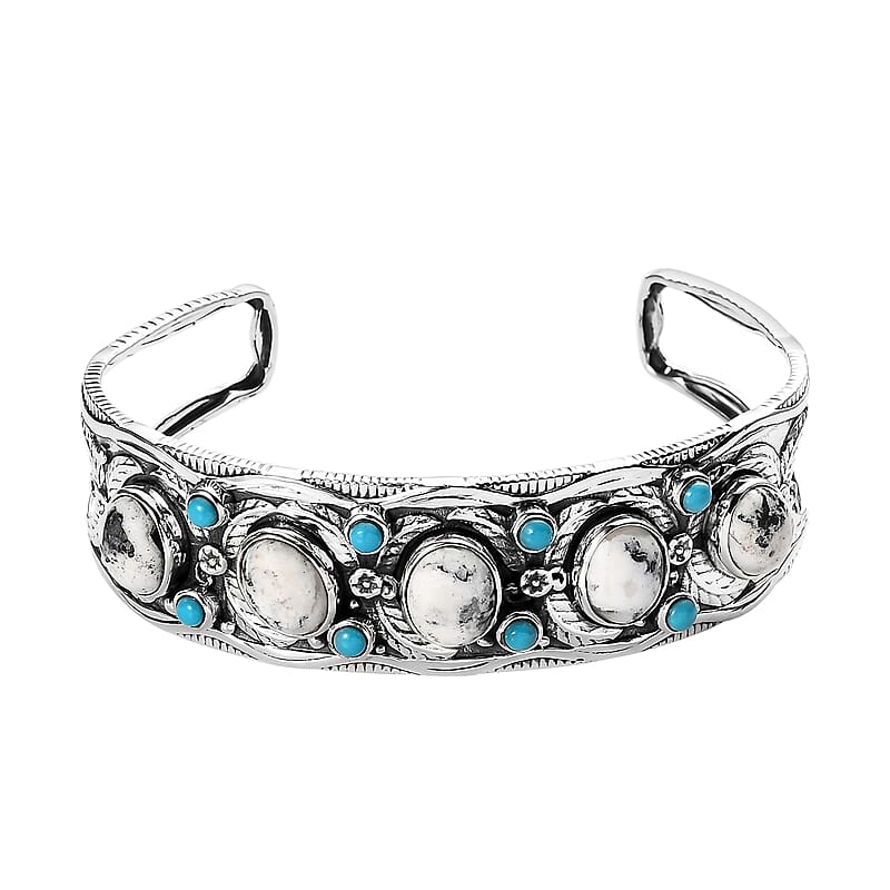 Artisan Crafted White Buffalo and Sleeping Beauty Turquoise Cuff Bangle in Sterling Silver (7.25 In) 15.65 ctw