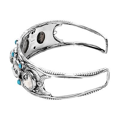 Artisan Crafted White Buffalo and Sleeping Beauty Turquoise Cuff Bangle in Sterling Silver (7.25 In) 15.65 ctw