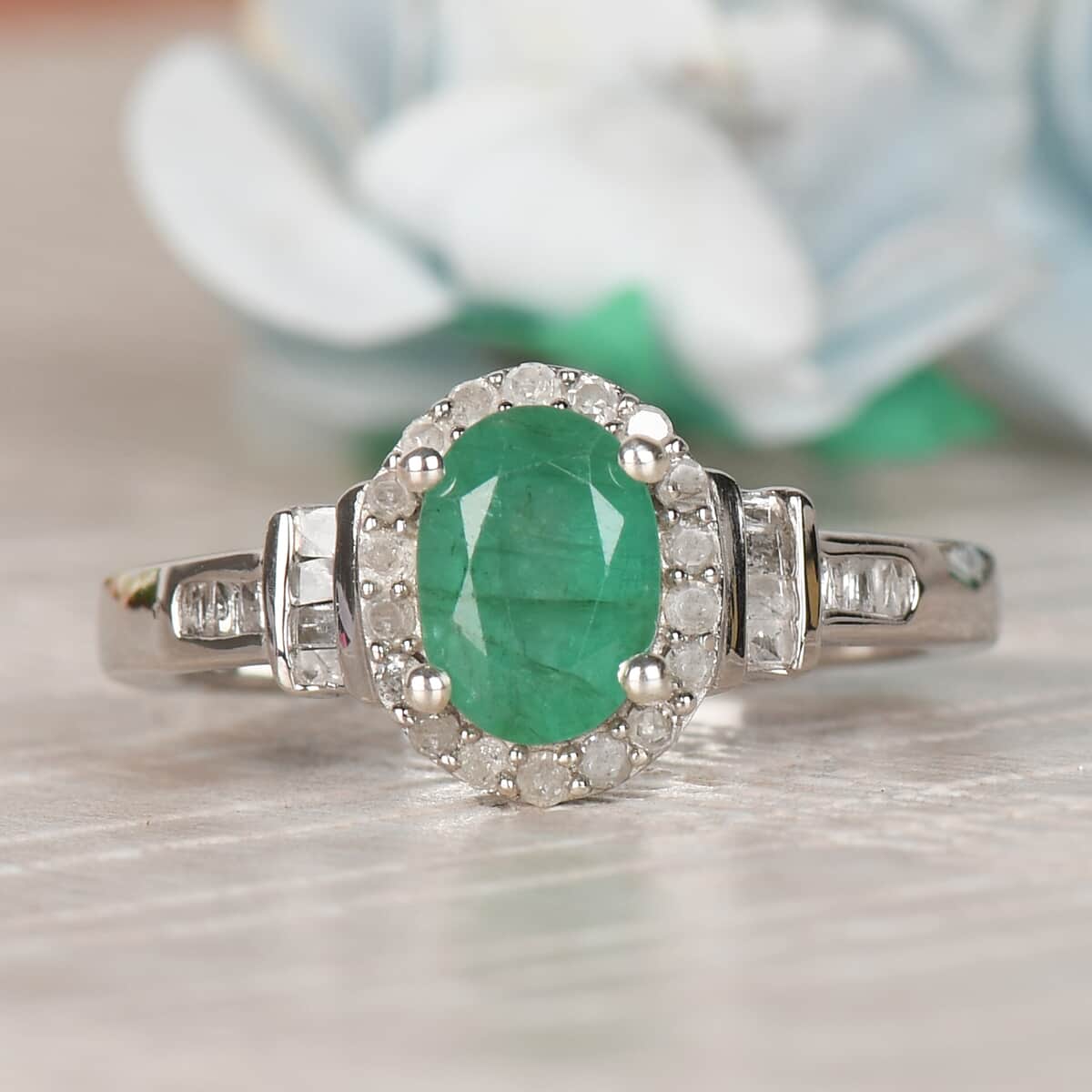 Kagem Zambian Emerald and Diamond Ring in Platinum Over Sterling Silver (Size 6.0) 1.00 ctw image number 1