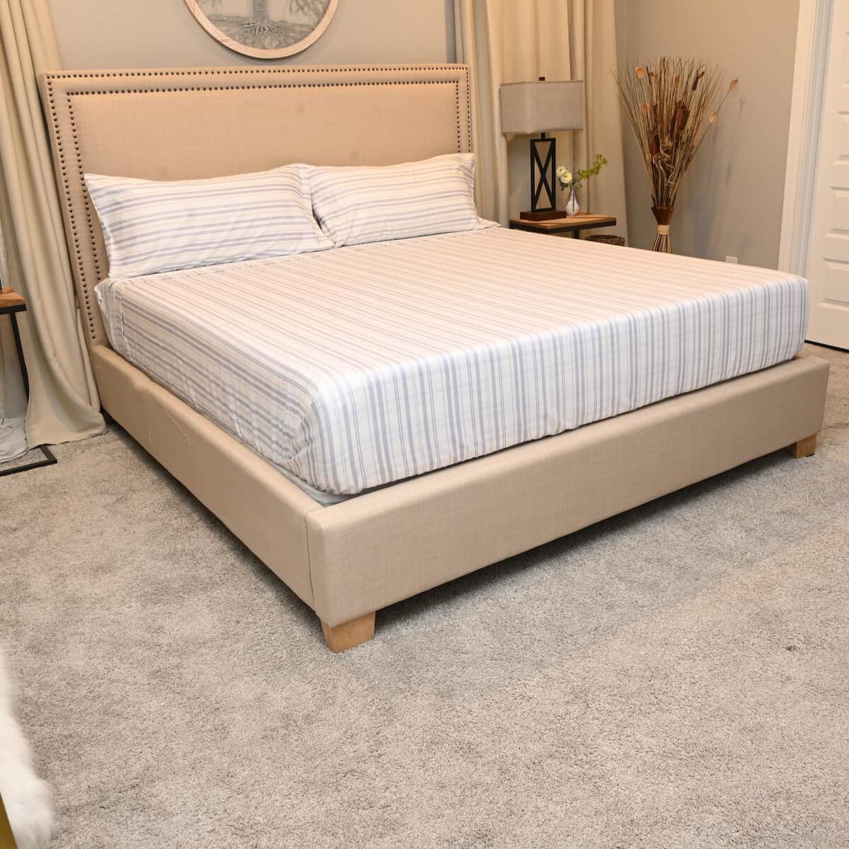 Master Suite White, Navy Striped 500TC 100% Cotton Sheet Set -King | Bedsheet Set | Bed Cover Set | Bedding Set | Bedspread image number 0