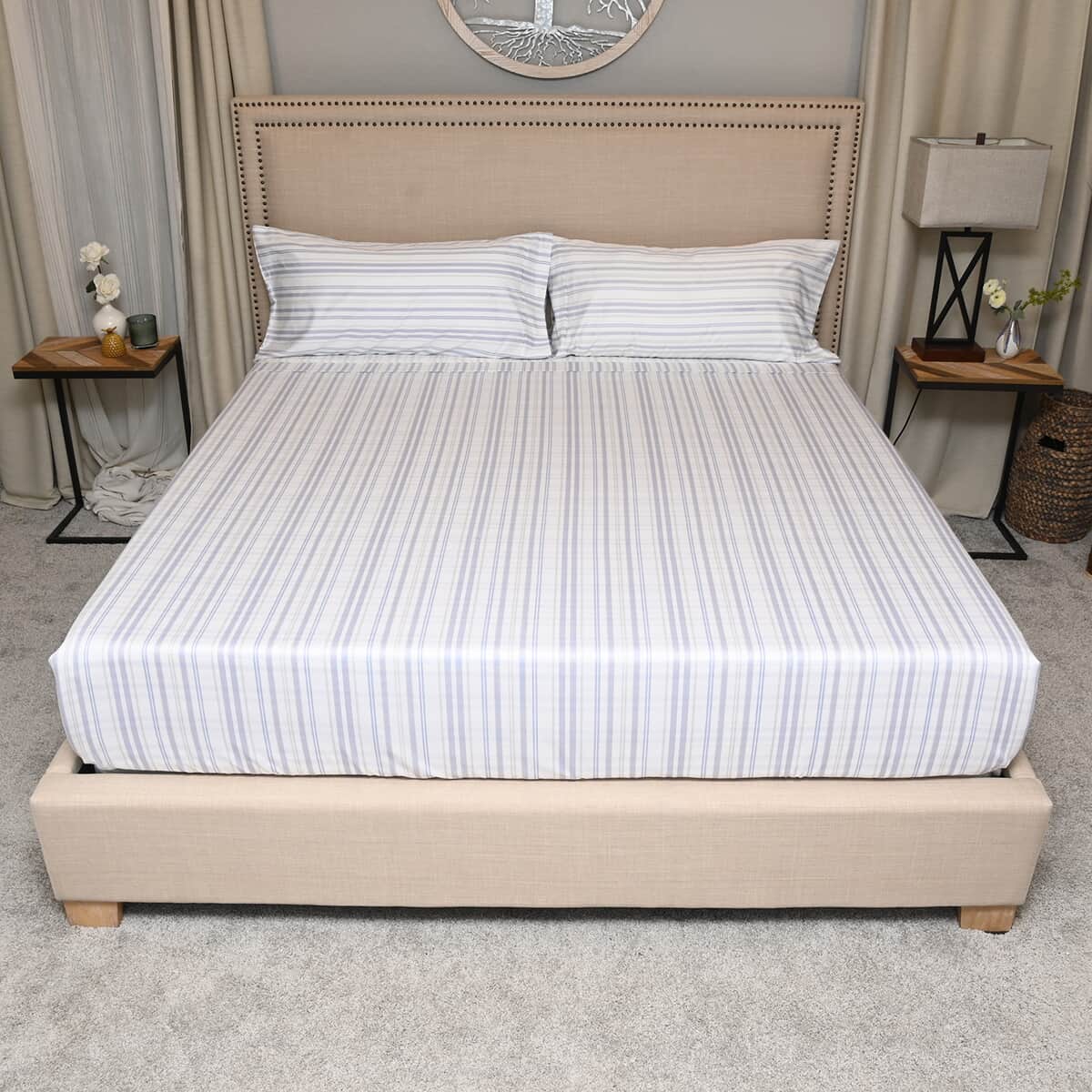 Master Suite White, Navy Striped 500TC 100% Cotton Sheet Set -King | Bedsheet Set | Bed Cover Set | Bedding Set | Bedspread image number 1