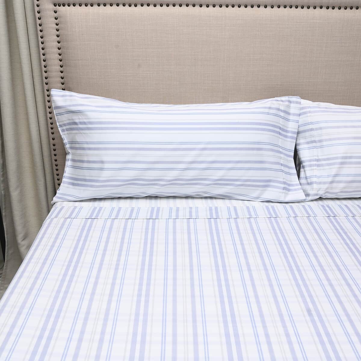 Master Suite White, Navy Striped 500TC 100% Cotton Sheet Set -King | Bedsheet Set | Bed Cover Set | Bedding Set | Bedspread image number 2