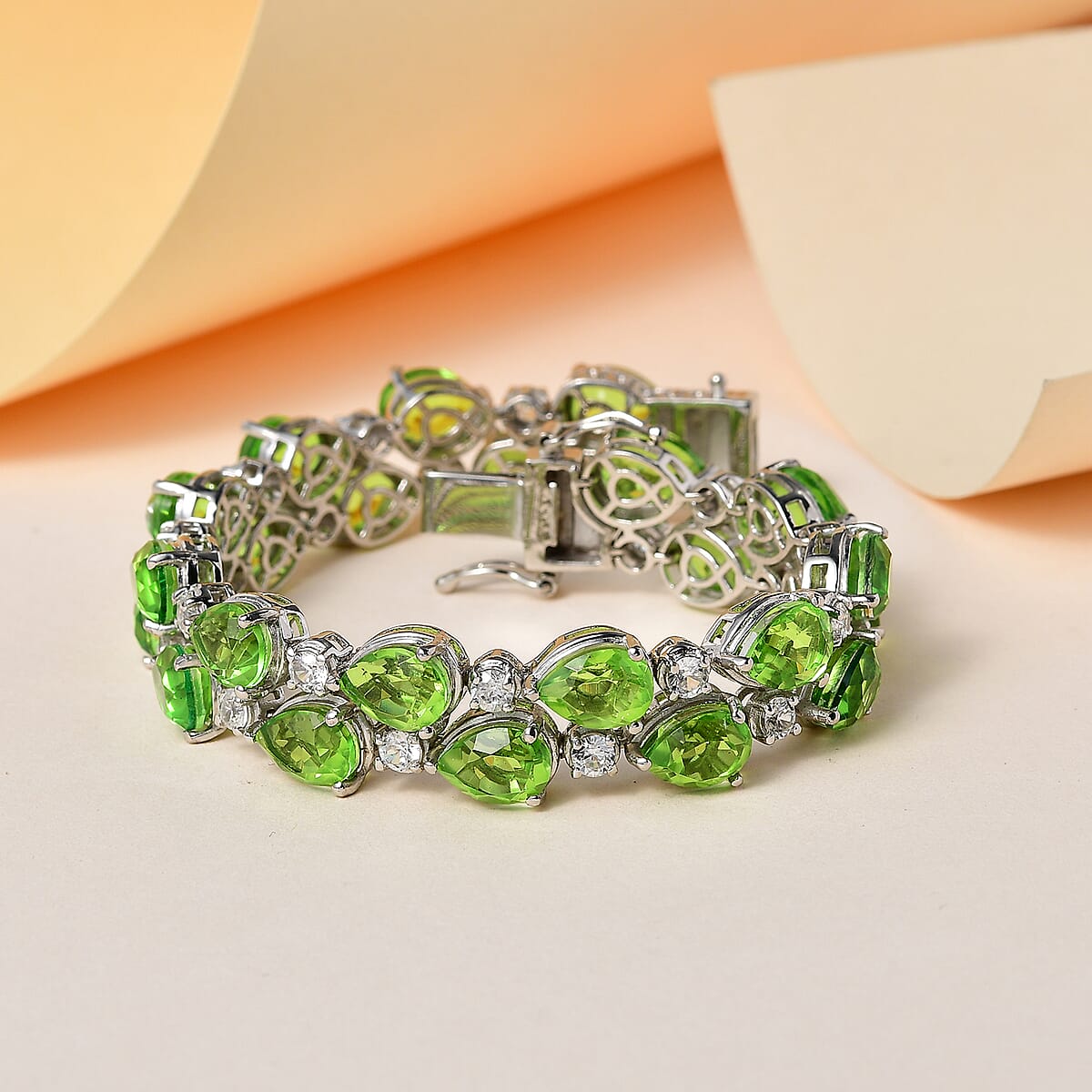 Chartreuse Quartz (Triplet) and White Zircon Bracelet in Platinum Over Sterling Silver (6.50 In) 40.00 ctw image number 1