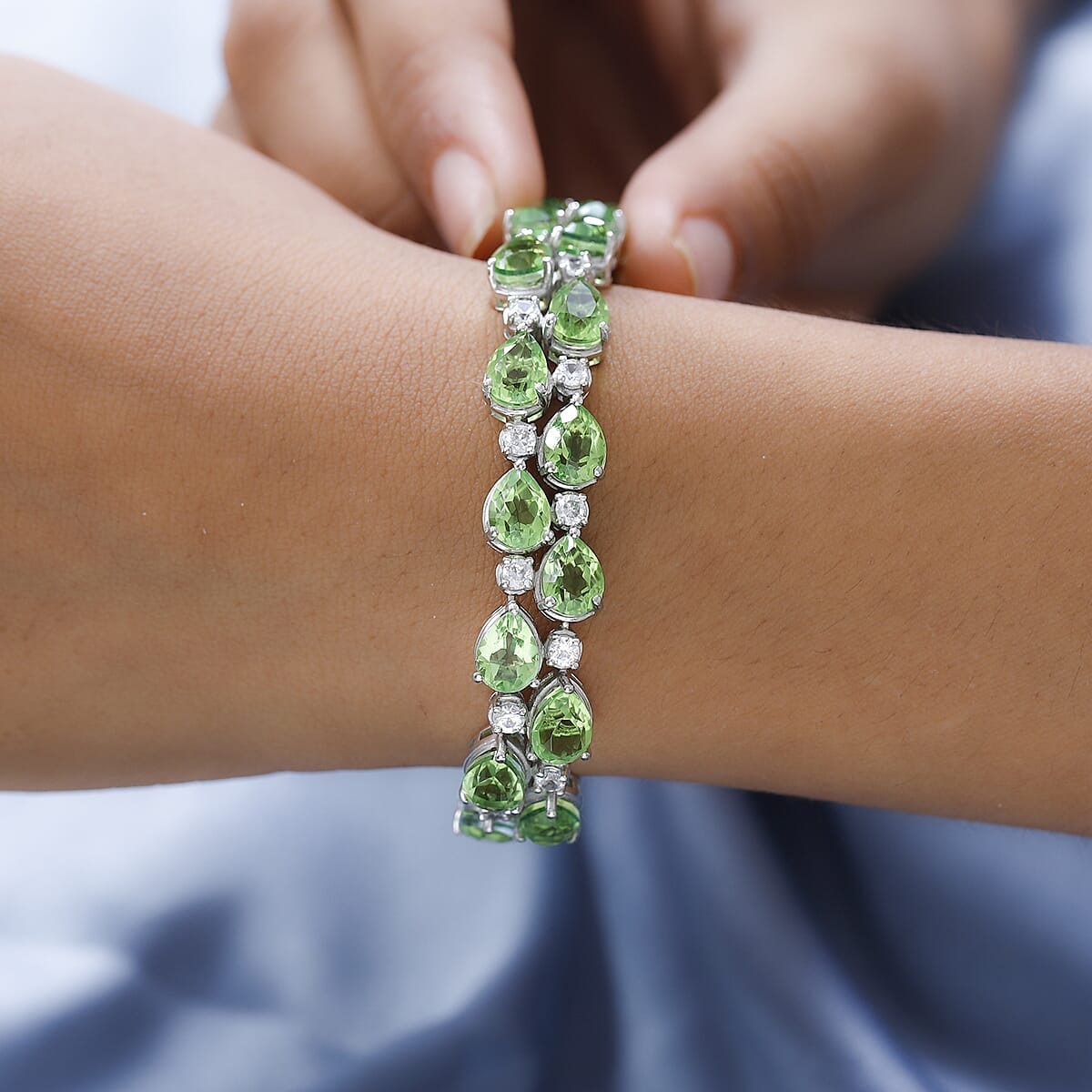 Chartreuse Quartz (Triplet) and White Zircon Bracelet in Platinum Over Sterling Silver (6.50 In) 40.00 ctw image number 2