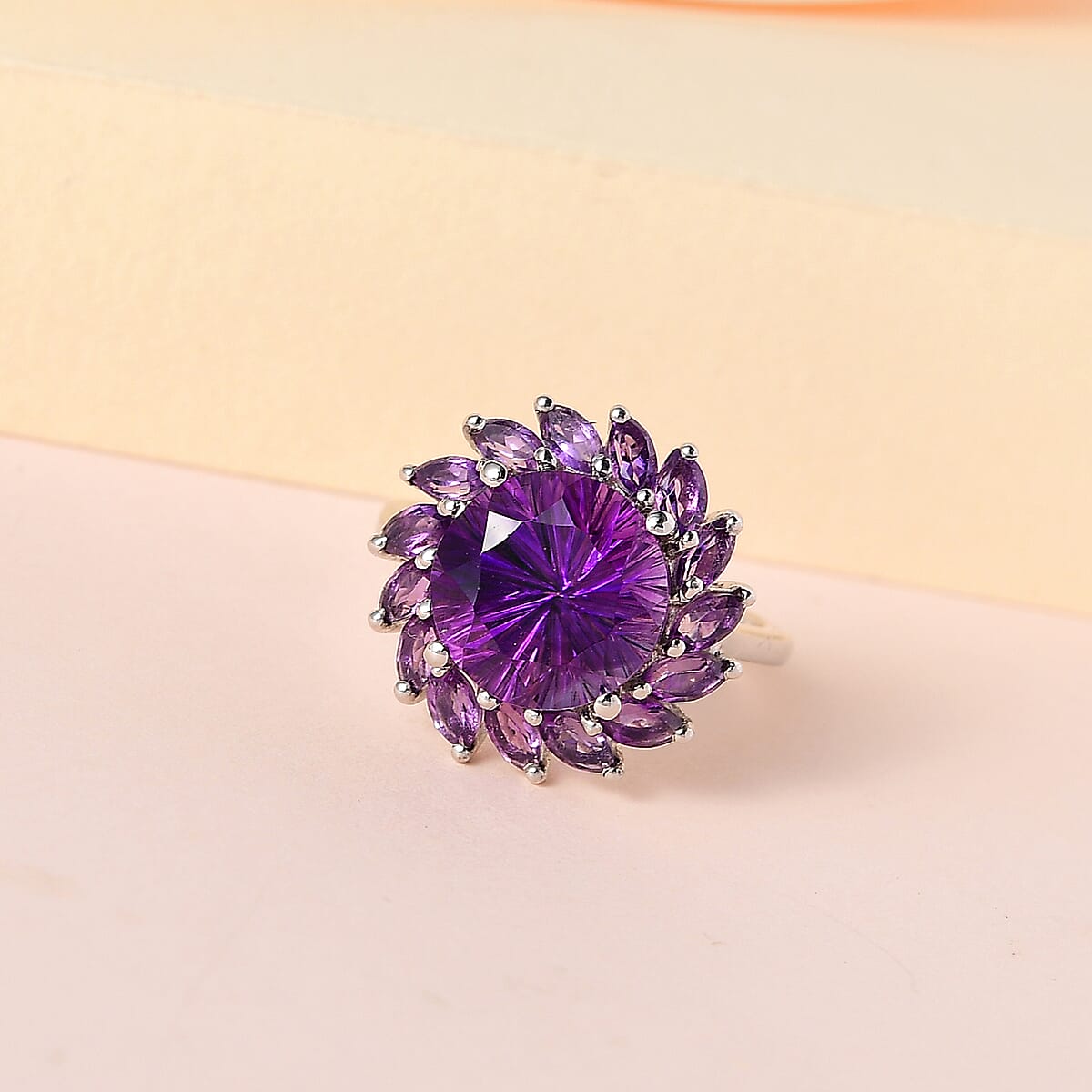Hanabi Cut Premium Moroccan Amethyst and Amethyst Floral Ring in Platinum Over Sterling Silver (Size 9.0) 5.10 ctw image number 1