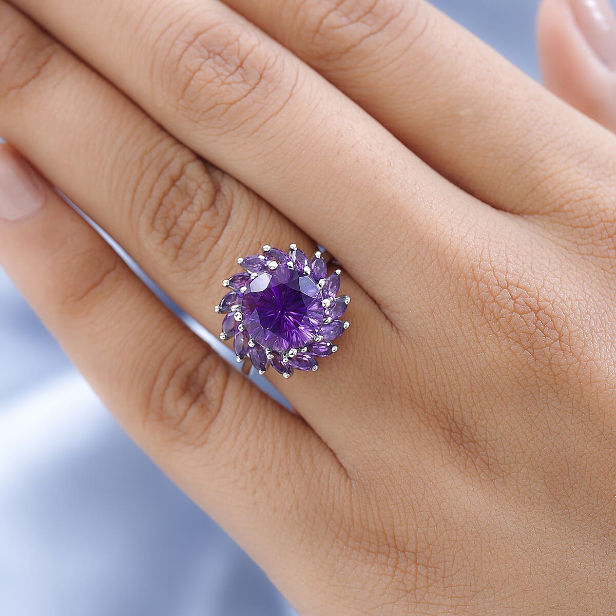 Hanabi Cut Premium Moroccan Amethyst and Amethyst Floral Ring in Platinum Over Sterling Silver (Size 9.0) 5.10 ctw image number 2