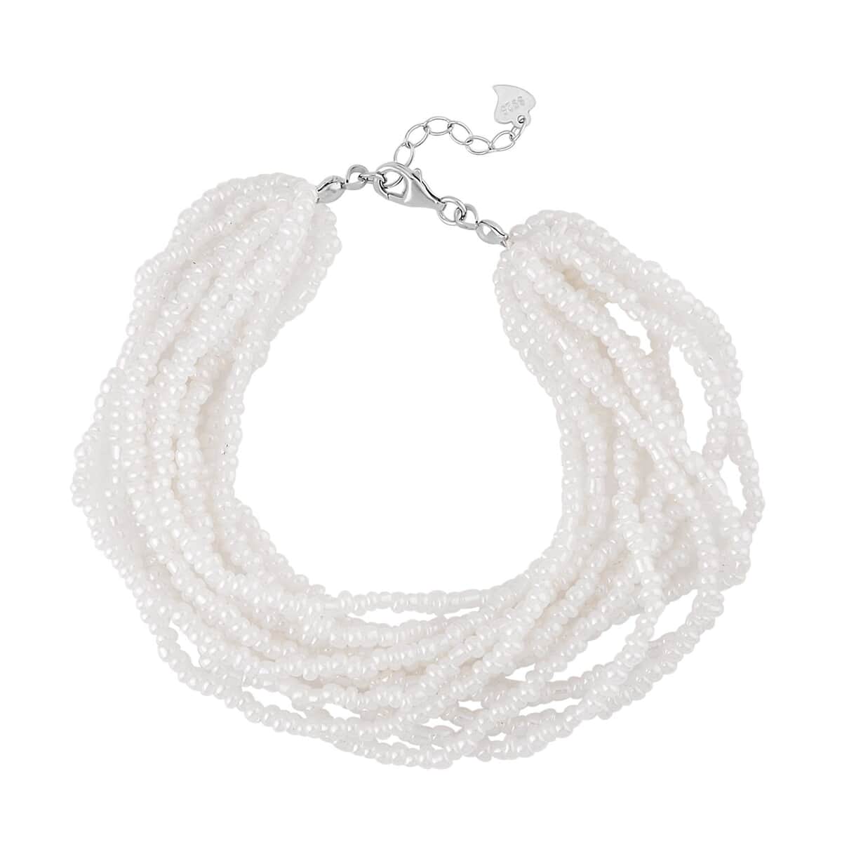 White Glass Seed Beaded Bracelet in Rhodium Over Sterling Silver (7.5-8.5In) image number 0