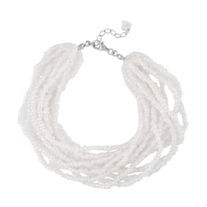 White Glass Seed Beaded Bracelet in Rhodium Over Sterling Silver (7.5-8.5In)