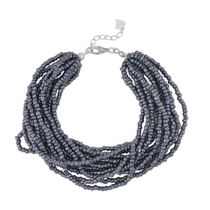 Black Glass Seed Beaded Bracelet in Rhodium Over Sterling Silver (7.5-8.5In)