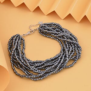 Black Glass Seed Beaded Bracelet in Rhodium Over Sterling Silver (7.5-8.5In)