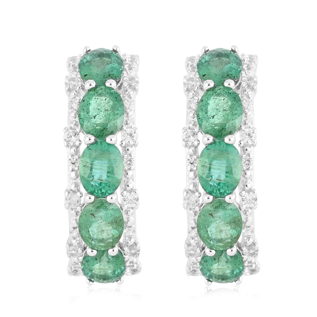 AAA Kagem Emerald and Natural White Zircon Hoop Earrings in Rhodium Over Sterling Silver 3.90 ctw image number 0