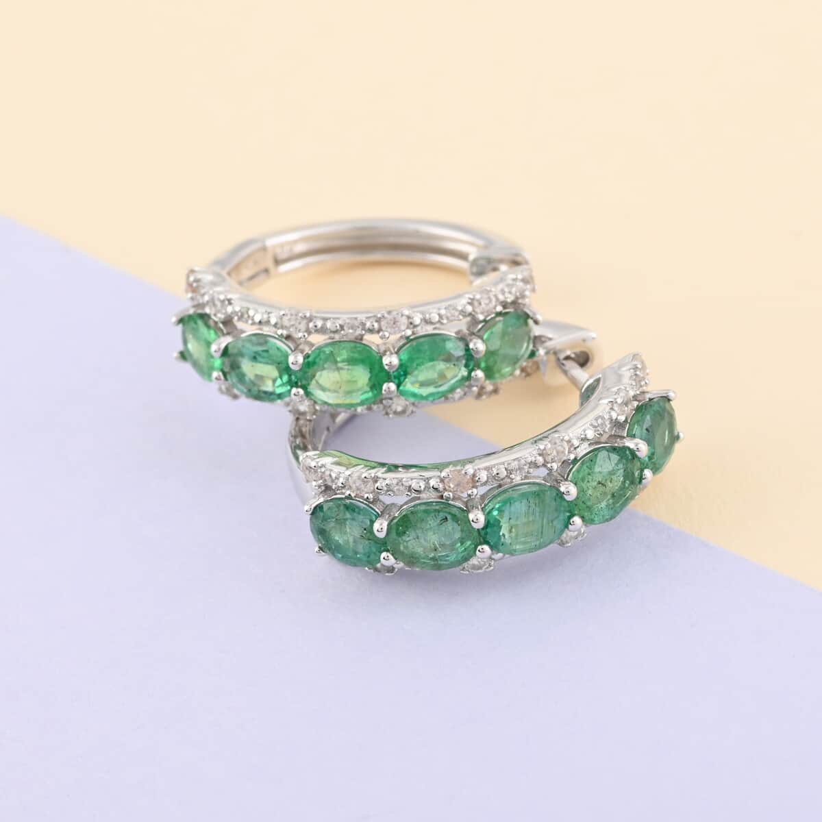 AAA Kagem Emerald and Natural White Zircon Hoop Earrings in Rhodium Over Sterling Silver 3.90 ctw image number 1