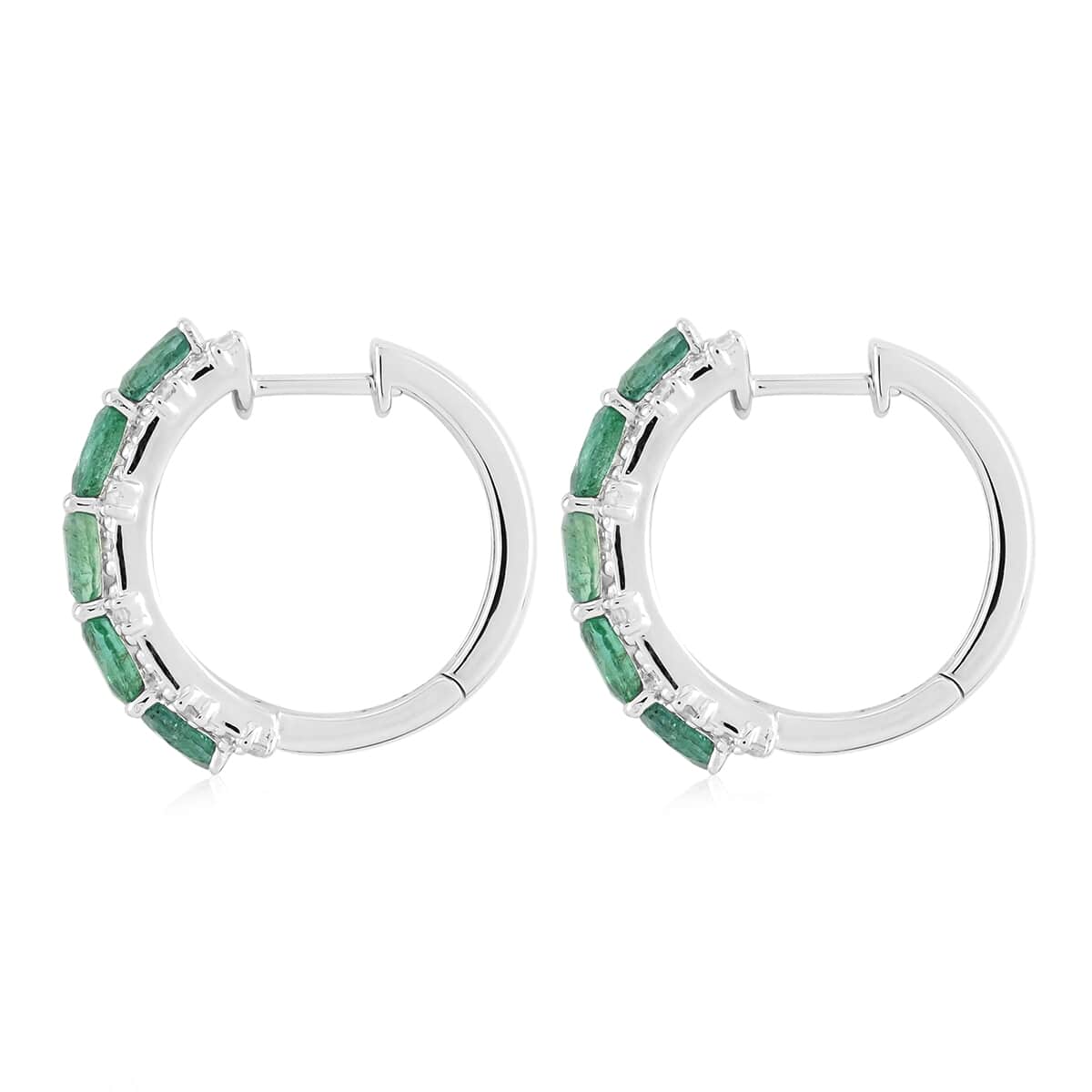 AAA Kagem Emerald and Natural White Zircon Hoop Earrings in Rhodium Over Sterling Silver 3.90 ctw image number 3