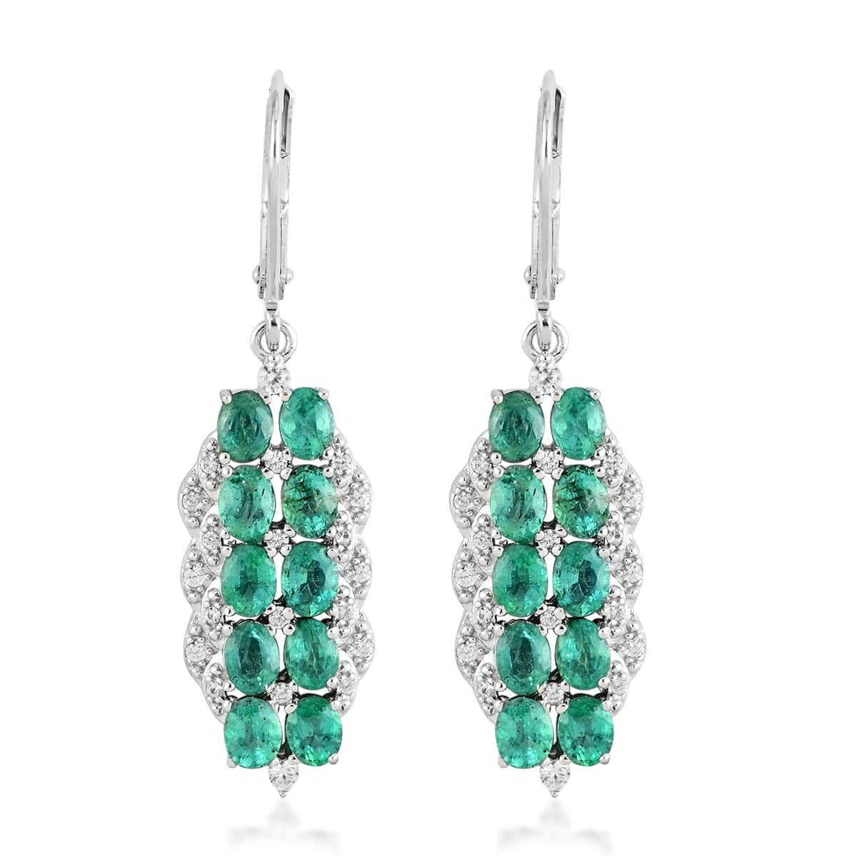 AAA Kagem Emerald and White Zircon Dangle Earrings in Rhodium Over Sterling Silver 3.85 ctw image number 0